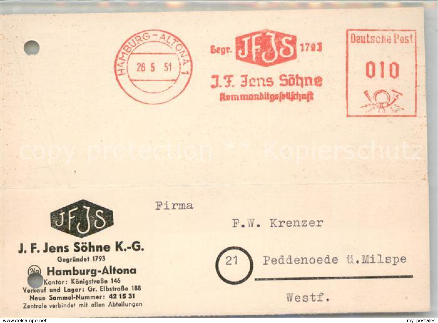 73704841 Altona Hamburg Firma J.F. Jens Soehne K.G. Geschaeftskorrespondenz Alto - Sonstige & Ohne Zuordnung