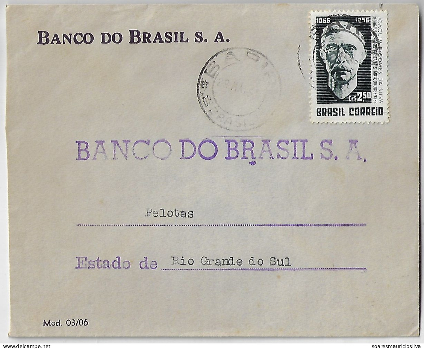 1956 Bank Of Brazil Cover Sent From São Paulo Agency Bariri To Pelotas Stamp Joaquim Eugênio Gomes Da Silva - Storia Postale