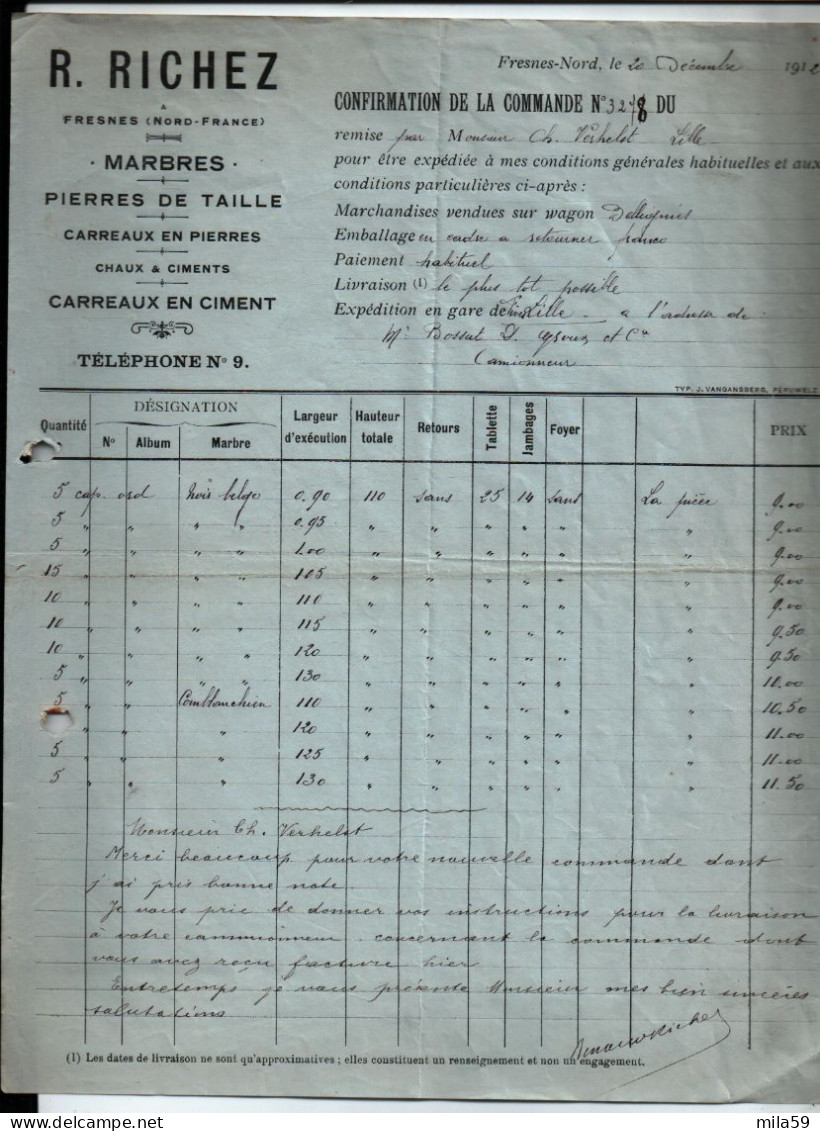 R. Richez. Marbres, Pierres De Taille. Carreaux En Pierres. Fresnes. à Charles Verhelst à Lille. 1923, 1913. - 1900 – 1949
