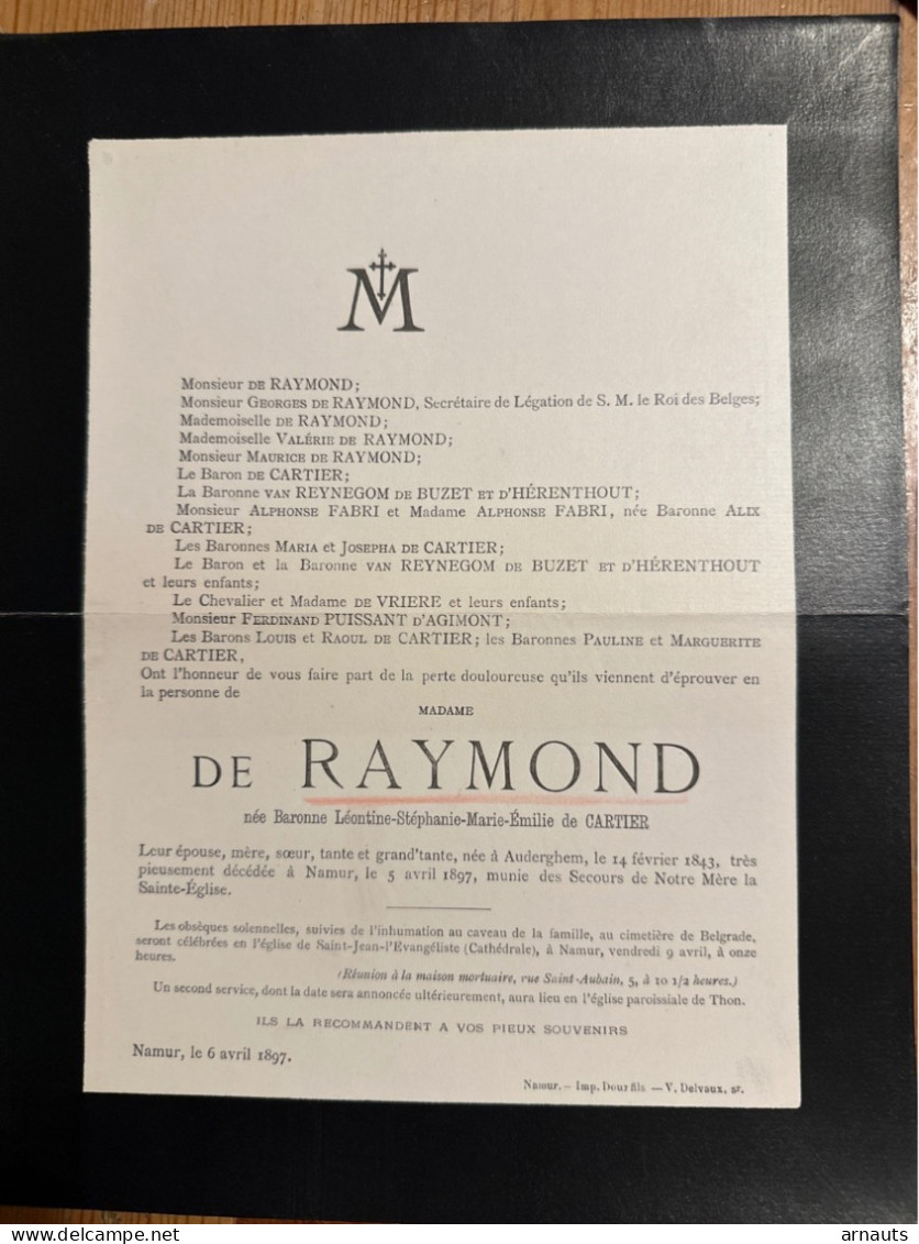 Madame De Raymond Nee Baronne De Cartier *1843 Oudergem +189€ Namur Belgrade Thon De Cartier Van Reynegom De Buzet Et He - Todesanzeige