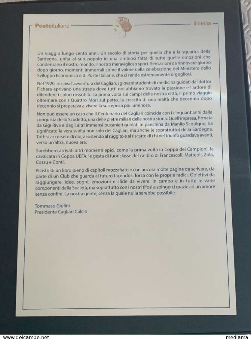 BOLLETTINO ILLUSTRATIVO EMISSIONE FRANCOBOLLO CAGLIARI CALCIO ANNO 2020 - Eilpost/Rohrpost