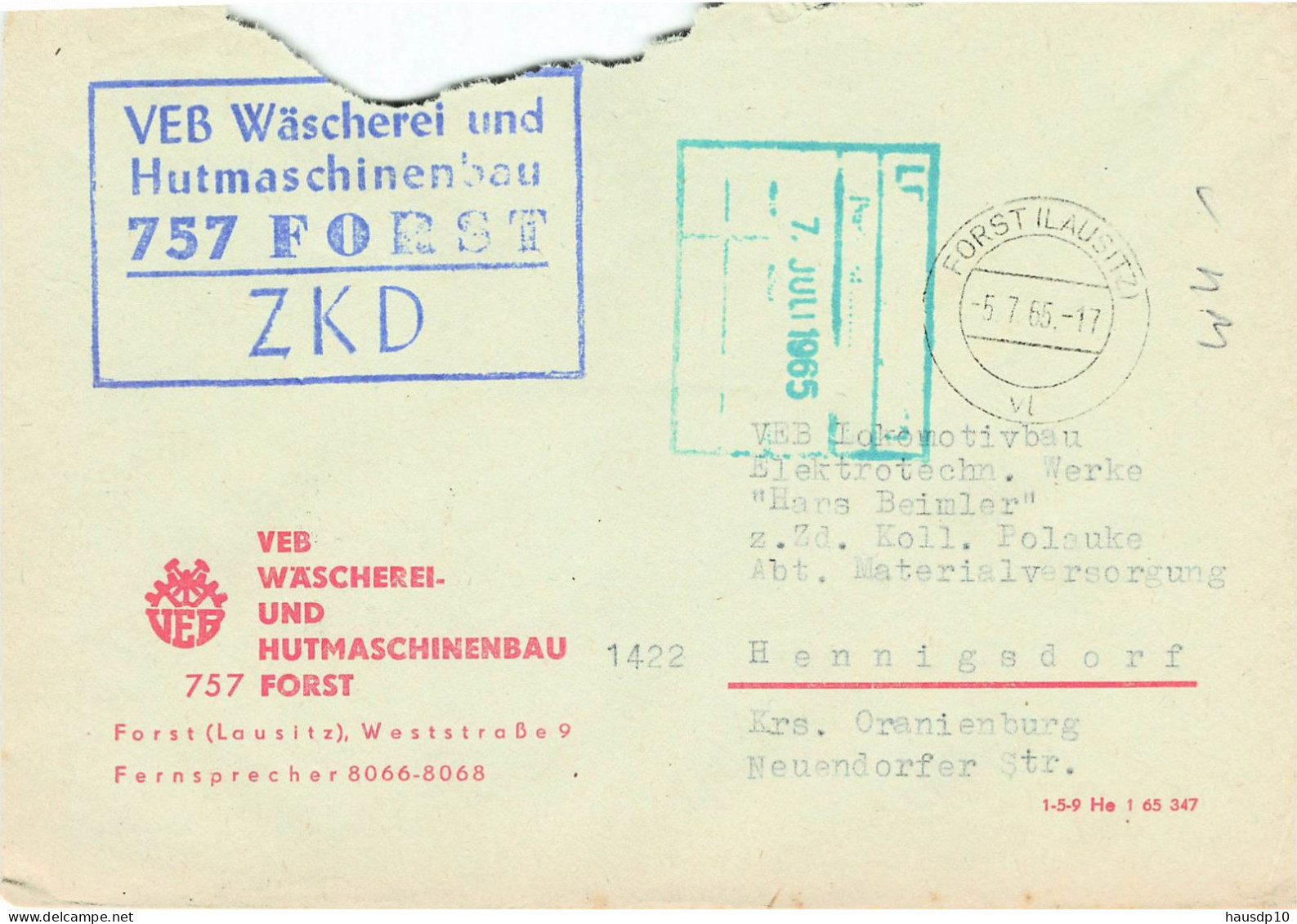DDR Brief ZKD 1965 DHZ Wäscherei Und Hutmaschinenbau Forst - Zentraler Kurierdienst