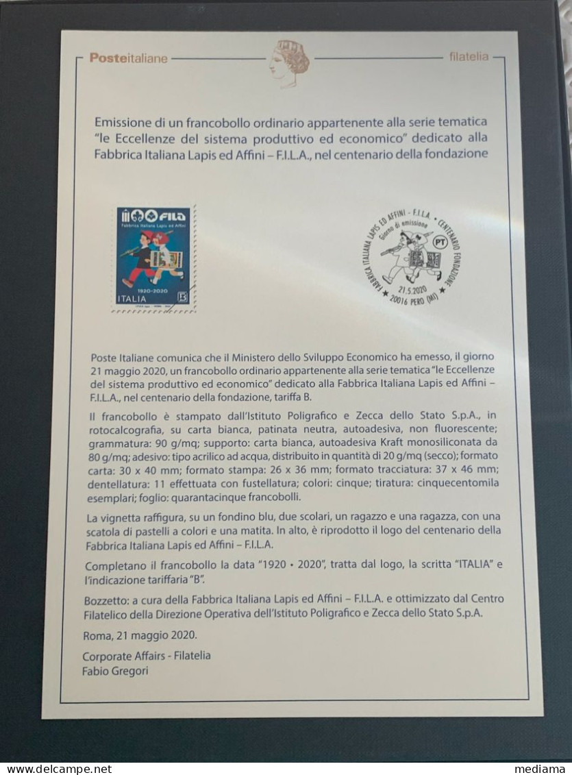 BOLLETTINO ILLUSTRATIVO EMISSIONE FRANCOBOLLO FABBRICA F.I.L.A. ANNO 2020 - Express/pneumatic Mail
