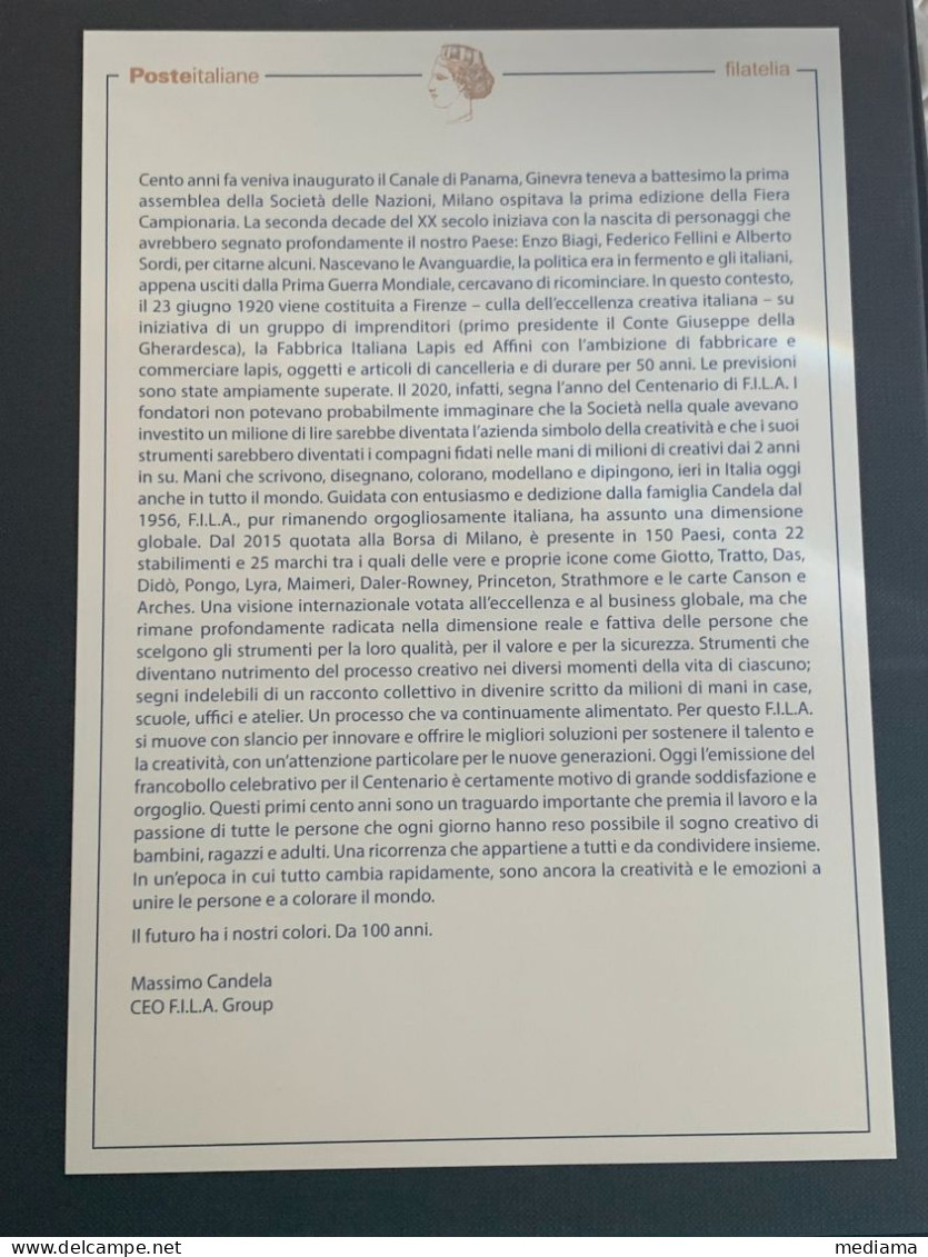 BOLLETTINO ILLUSTRATIVO EMISSIONE FRANCOBOLLO FABBRICA F.I.L.A. ANNO 2020 - Posta Espressa/pneumatica