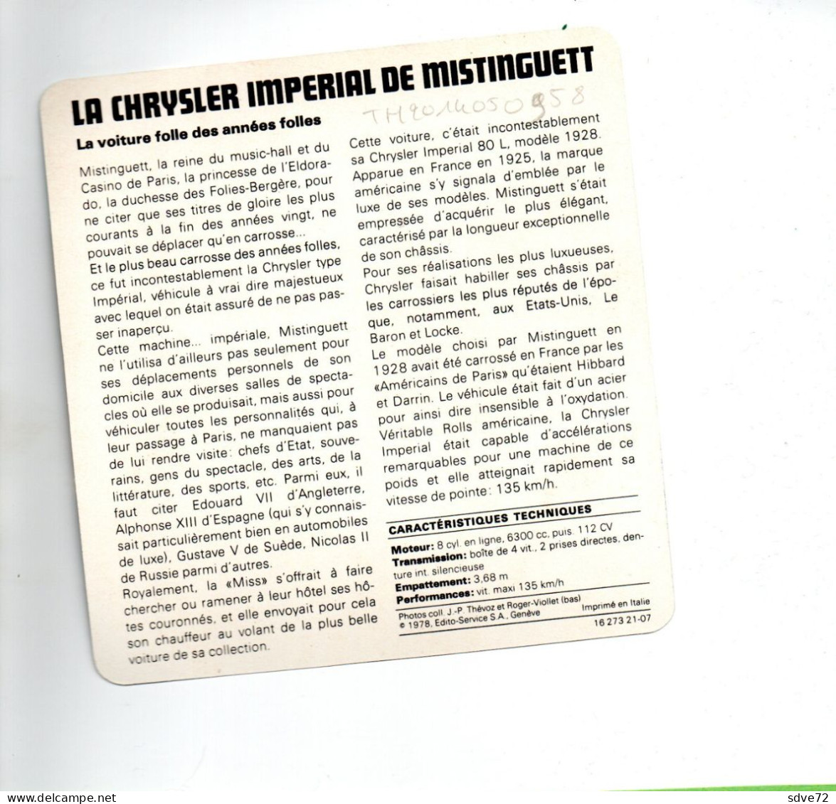 FICHE AUTOMOBILE -  LA CHRYSLER IMPERIAL DE MISTINGUETT - Auto's