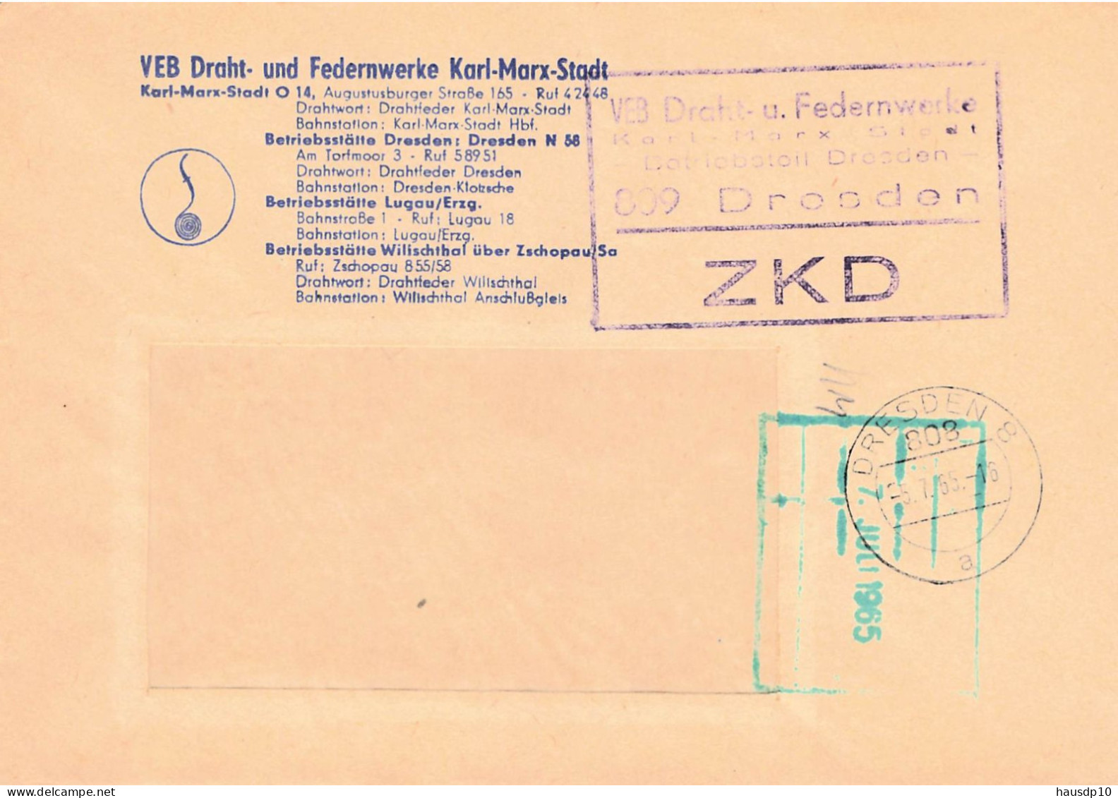 DDR Brief ZKD 1965 VEB Draht Und Federnwerke Karl Marx Stadt - Dresden - Central Mail Service