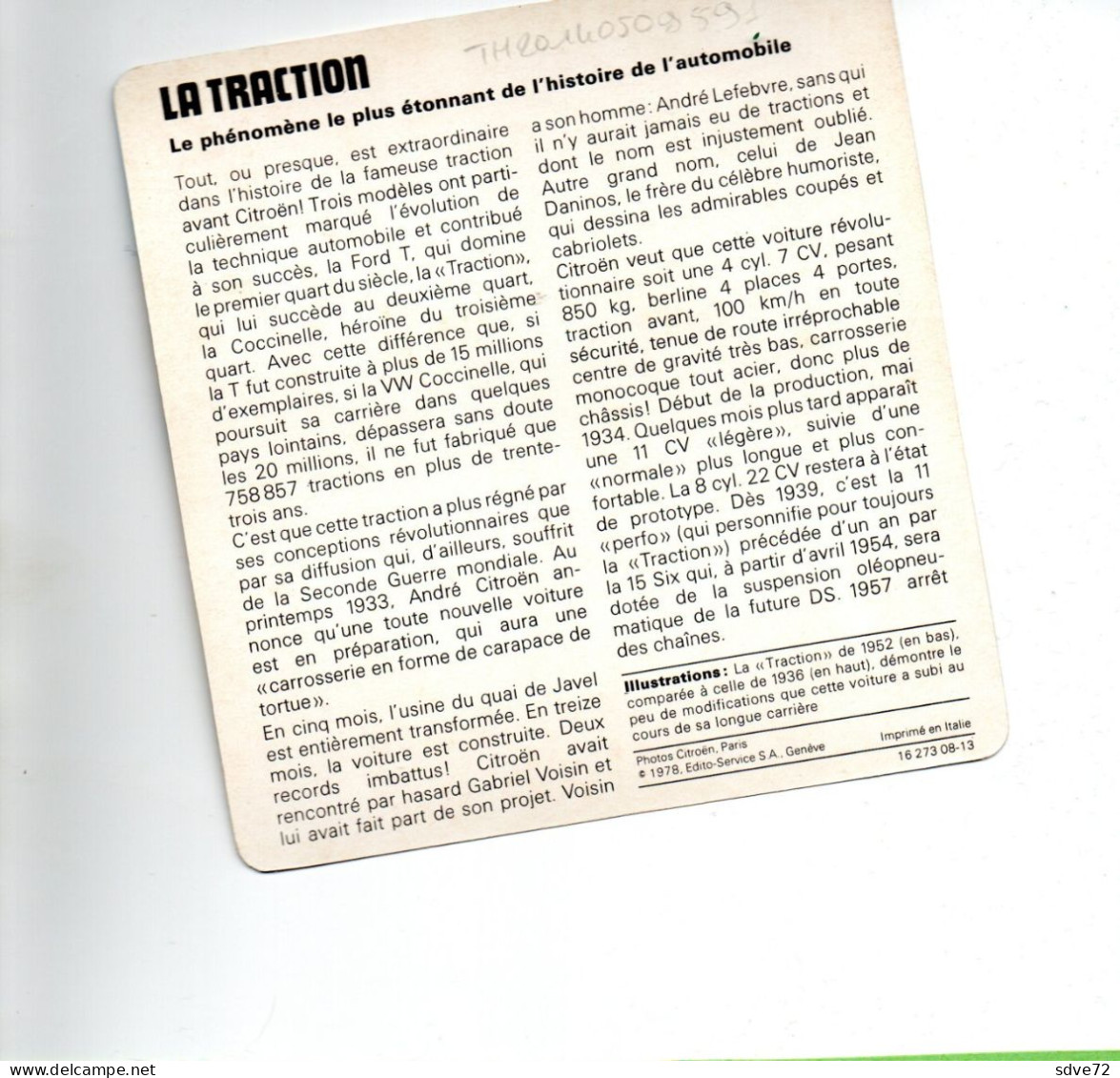 FICHE AUTOMOBILE -  LA TRACTION - CITROËN - KFZ