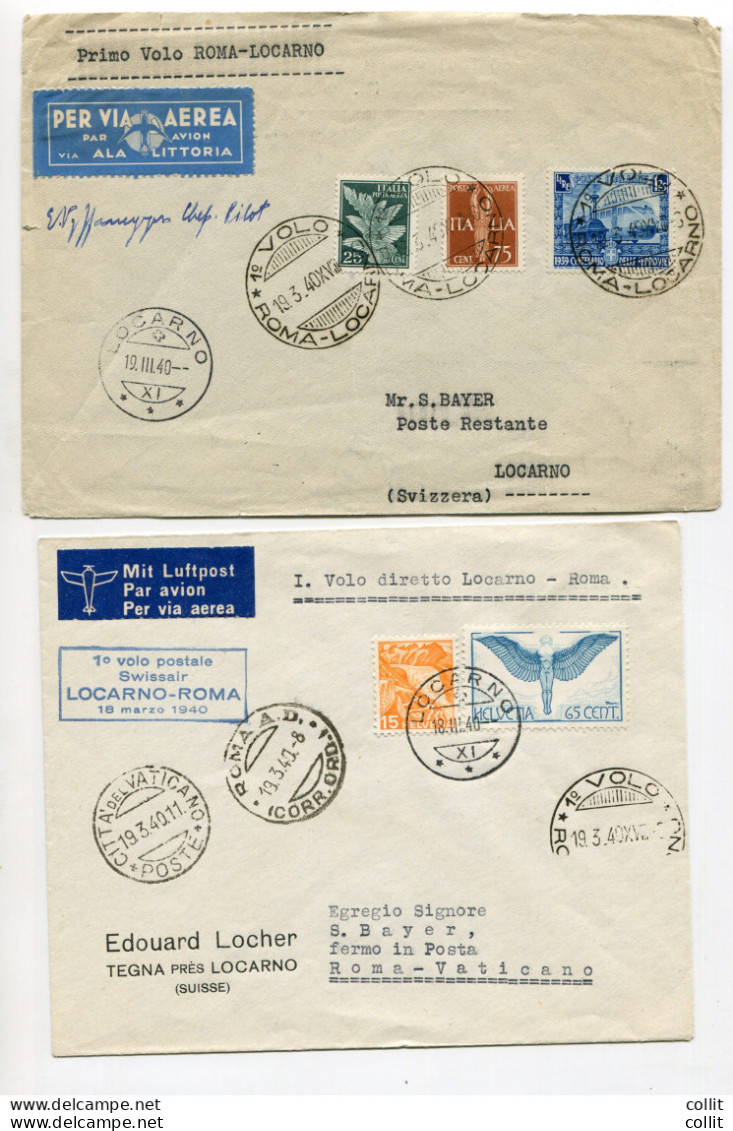 Locarno/Roma (Città Del Vaticano) E Roma/Locarno Del 18 E 19.3.40 - Storia Postale (Posta Aerea)