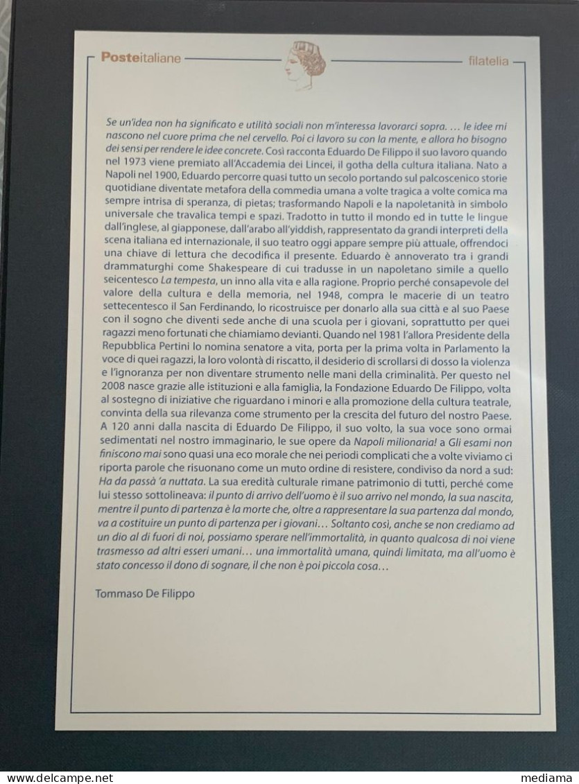 BOLLETTINO ILLUSTRATIVO EMISSIONE FRANCOBOLLO EDUARDO DE FILIPPO ANNO 2020 - Correo Urgente/neumático