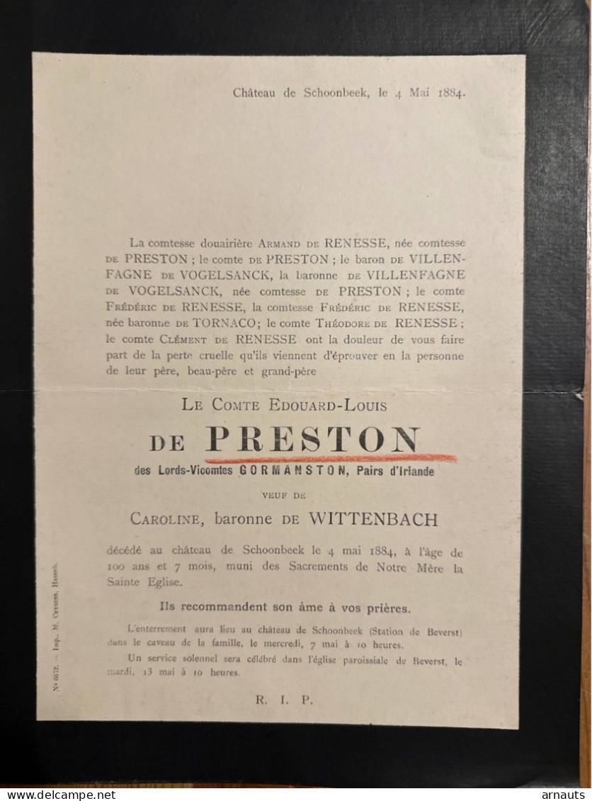 Comt De Preston Lords Gormanston Pairs Irlande De Wittenbach *1783+1884 Chateau Schoonbeek Beverst Hasselt Honderdjarige - Todesanzeige