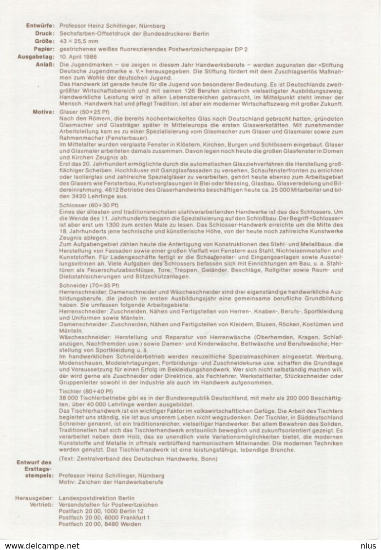 Germany Deutschland 1986-4 Fur Die Jugend, Glaser, Schlosser Locksmith, Schneider Cutter, Tischler Carpenter, Berlin - 1981-1990