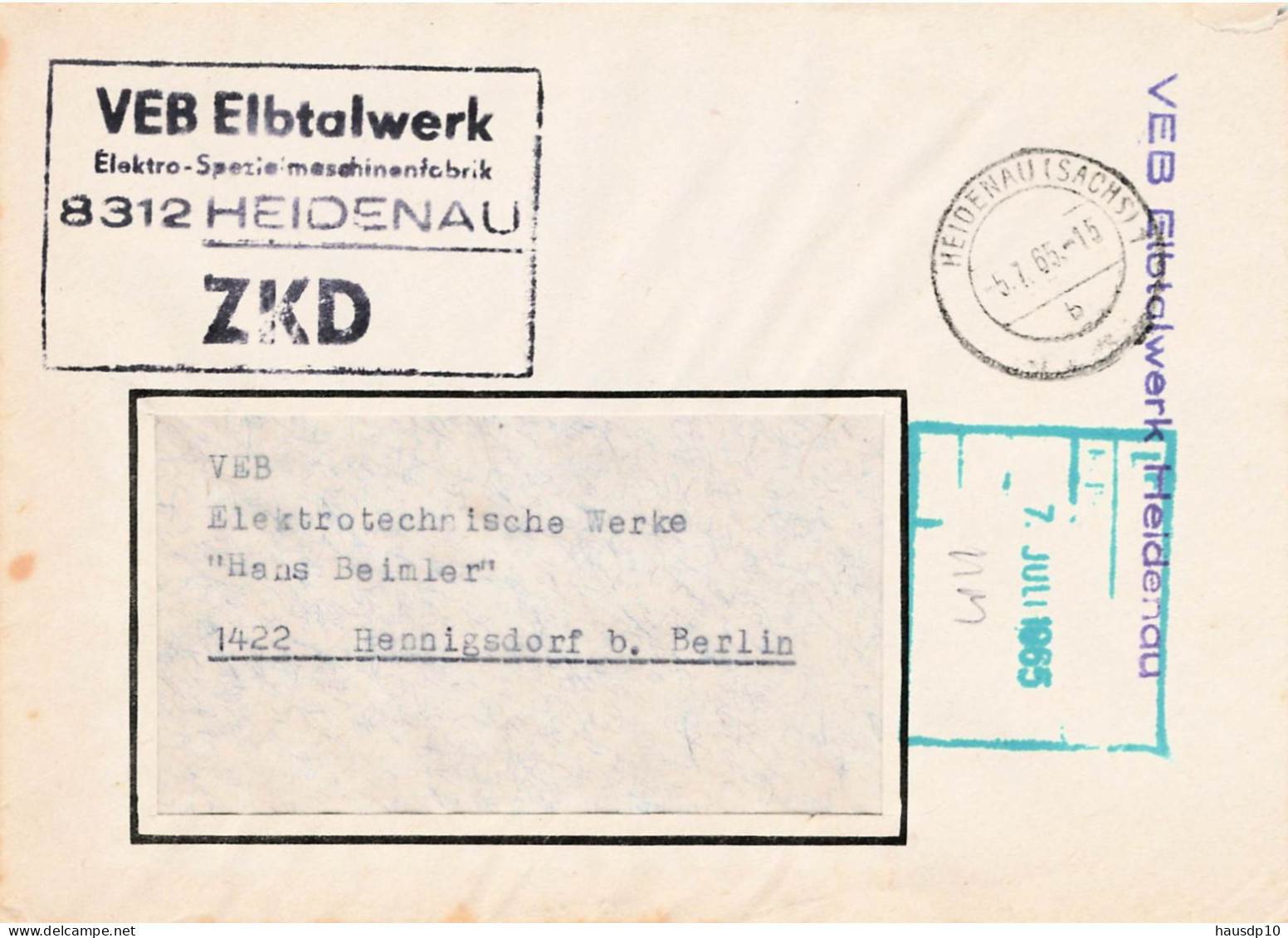 DDR Brief ZKD 1965 VEB Elbtalwerk Heidenau - Central Mail Service