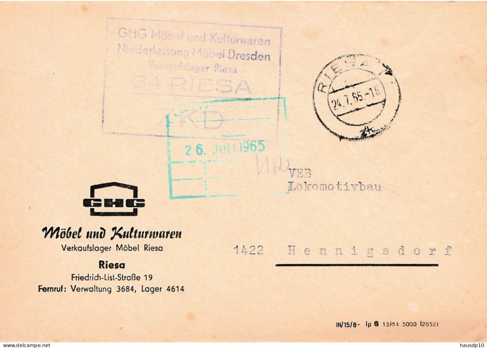 DDR Brief ZKD 1965 GHG Möbel Und Kulturwaren Riesa - Zentraler Kurierdienst