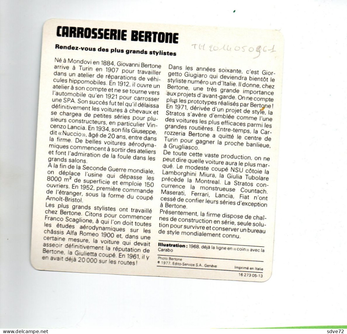 FICHE AUTOMOBILE -  CARROSSERIE BERTONE - Auto's