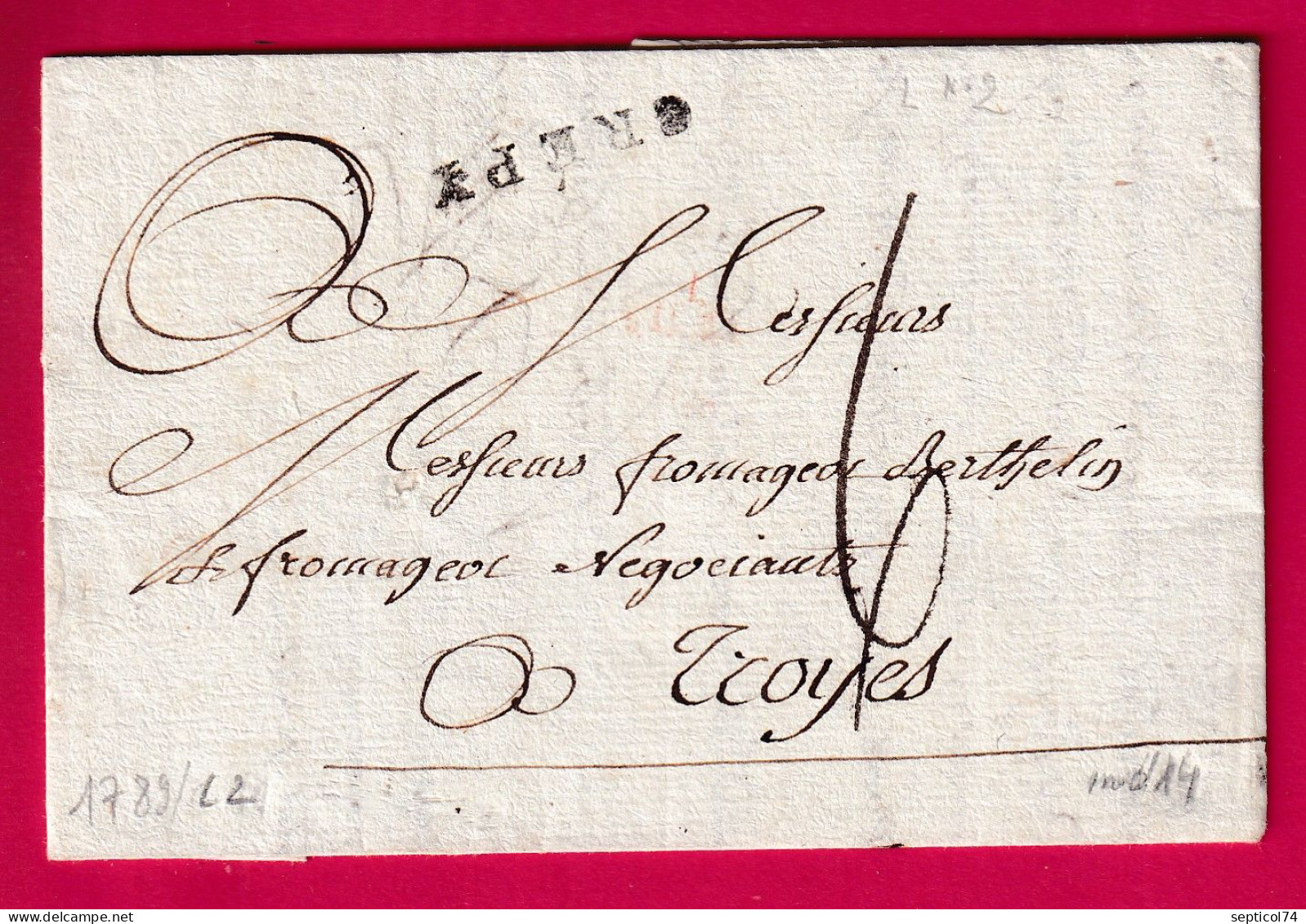 MARQUE CREPY EN VALOIS OISE 1789 POUR TROYES AUBE INDICE 14 LETTRE - 1701-1800: Precursori XVIII