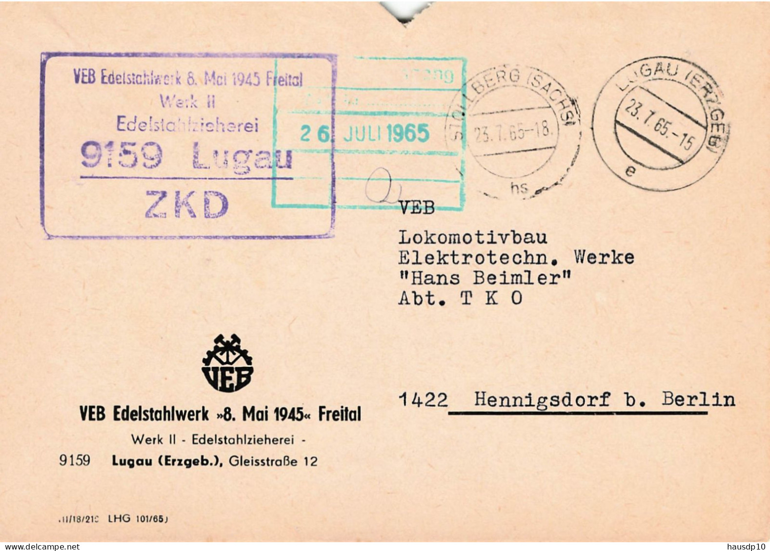 DDR Brief ZKD 1965 VEB Edelstalwerk 8.Mai 1945 Freital - Lugau - Centrale Postdienst