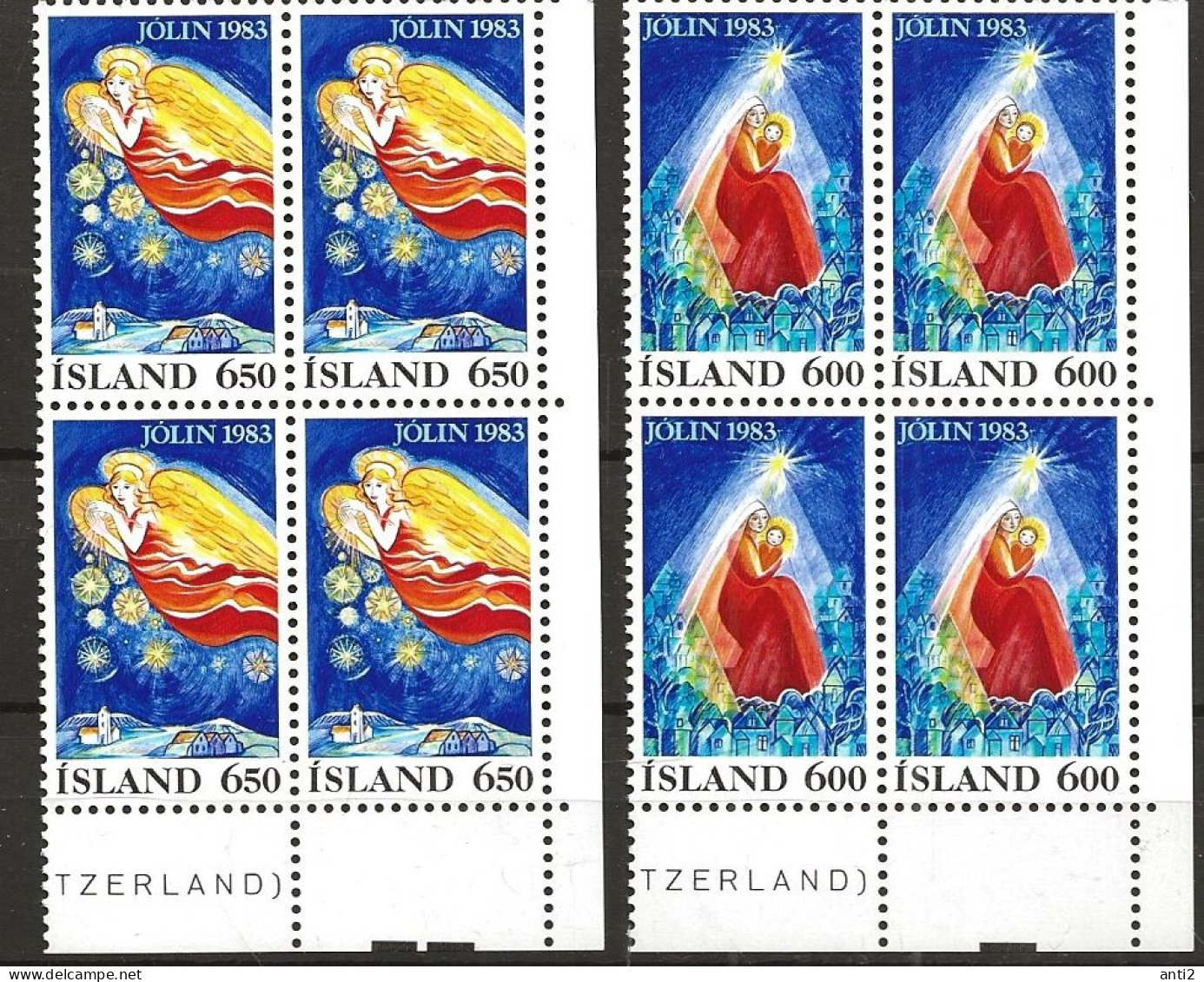 Iceland Island 1983 Christmas, St. Mary With Child,  Angel,  Mi 608-609 In Blocs Of Four  MNH(**) - Ungebraucht