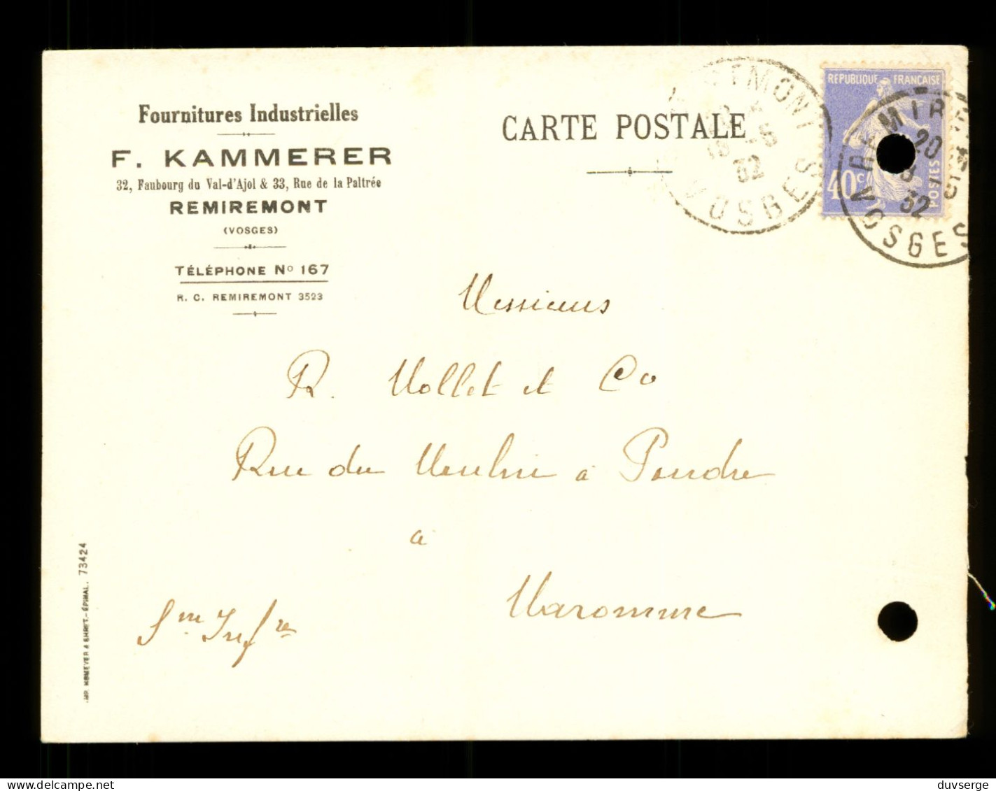 88 Vosges Remiremont Carte à Entete Kammerer Fournitues Industrielles 1932 - Remiremont