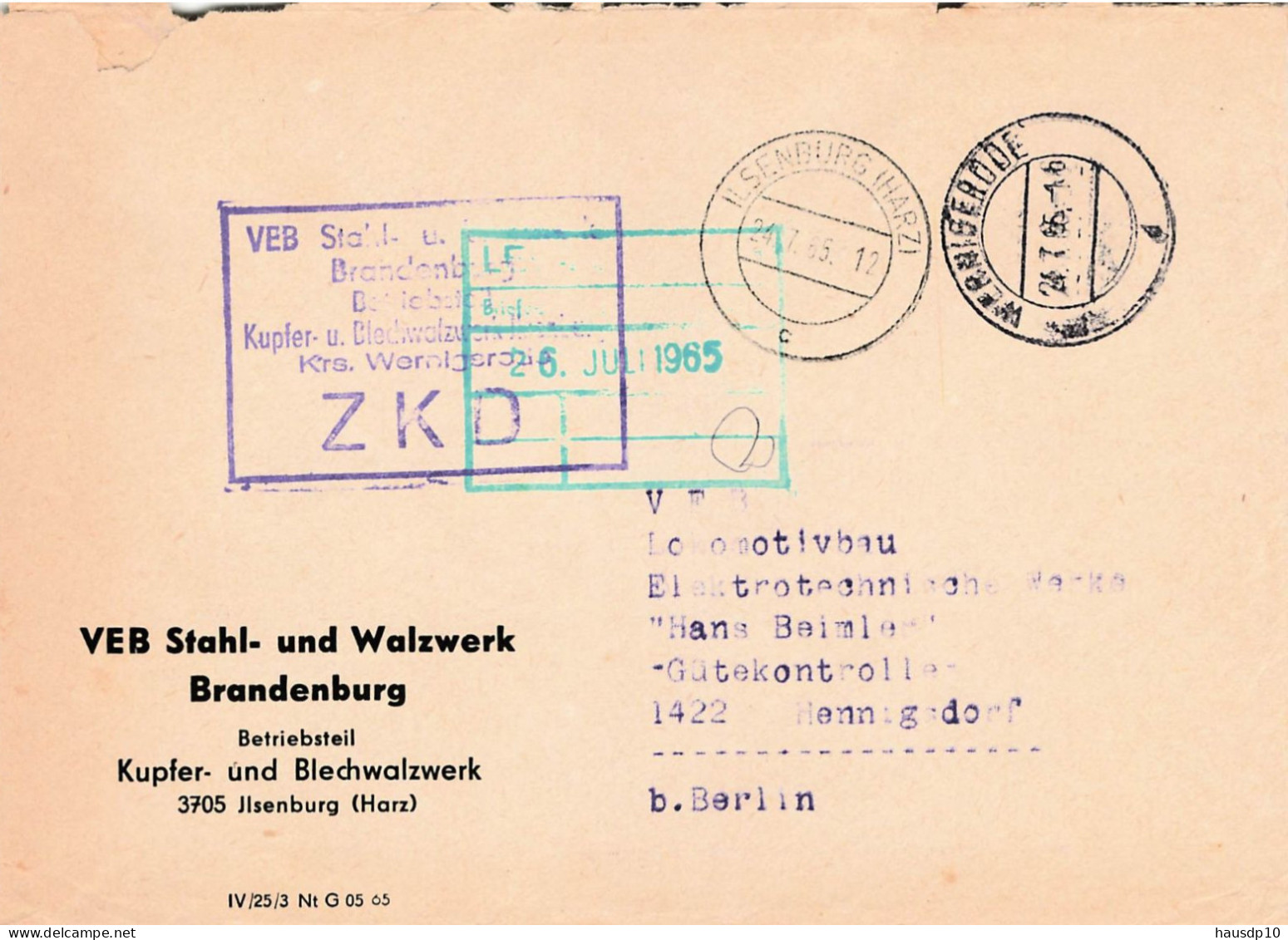 DDR Brief ZKD 1965 VEB Stahl Und Walzwerk Brandenburg - Centrale Postdienst