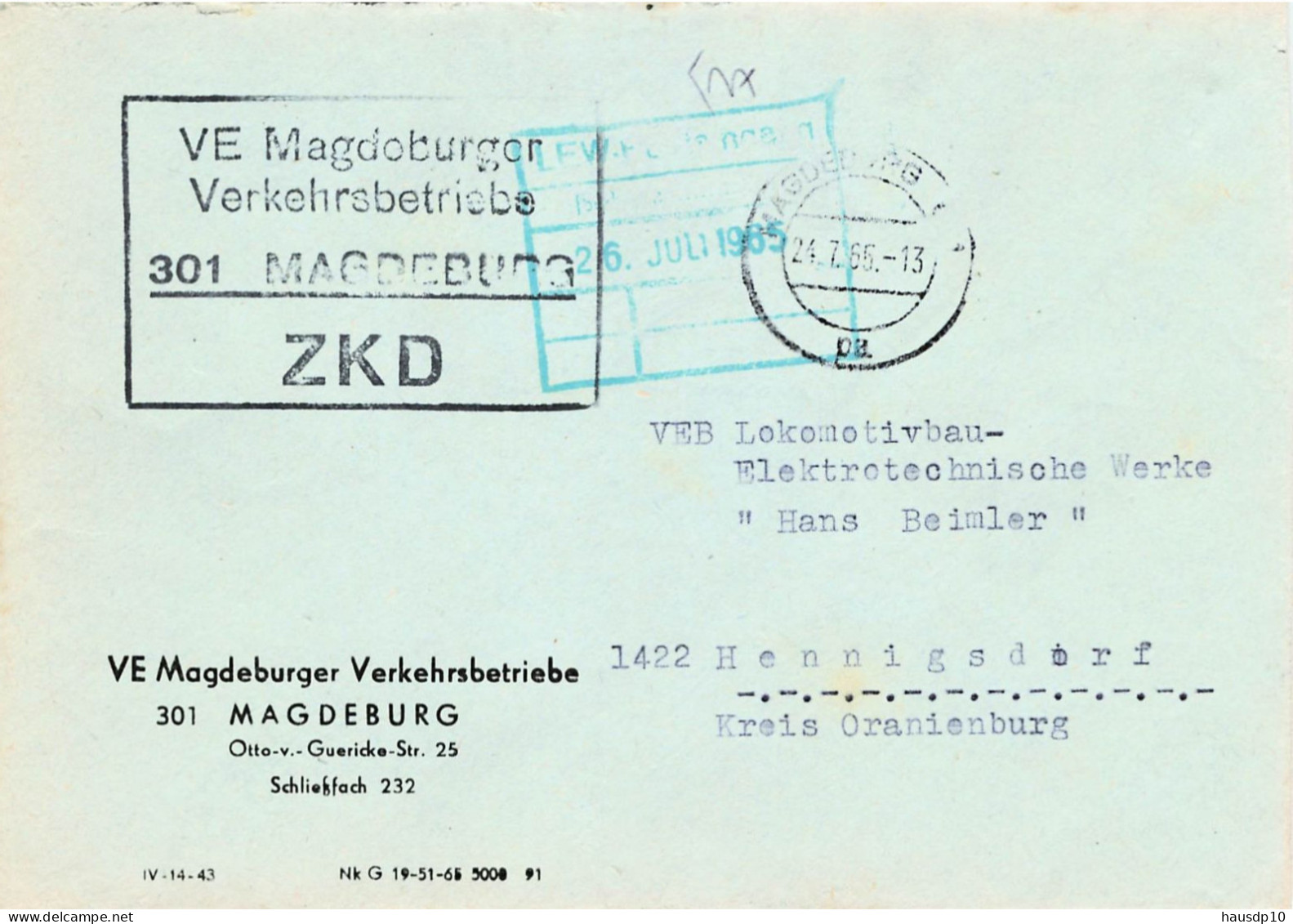 DDR Brief ZKD 1965 VE Magdeburger Verkehrsbetriebe Magdeburg - Central Mail Service