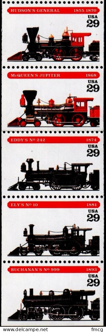 1994 29 Cents Steam Locomotives, Booklet Pane Of 5, MNH - Ongebruikt