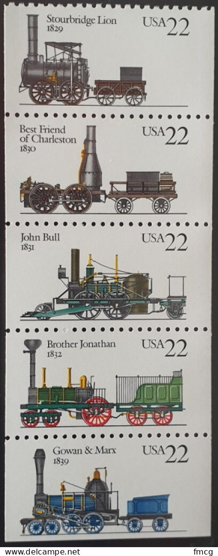 1987 22 Cents Locomotives, Booklet Pane Of 5, MNH - Neufs