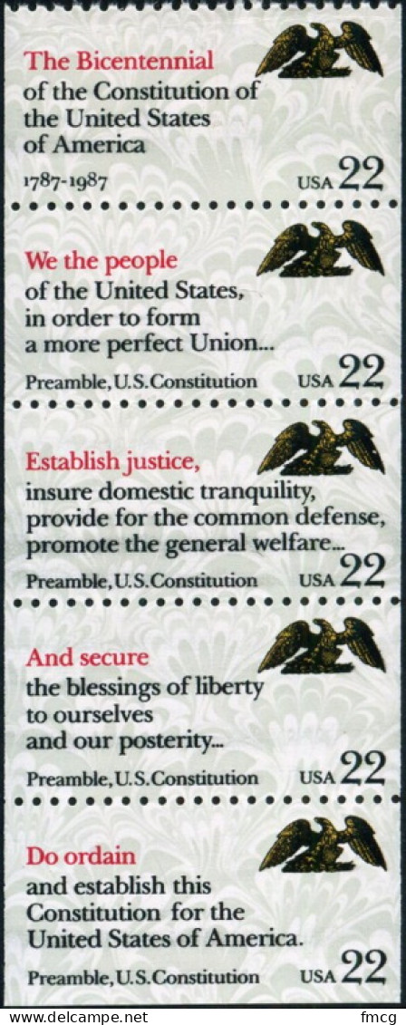 1987 22 Cents Constitution, Booklet Pane Of 5, MNH - Ongebruikt