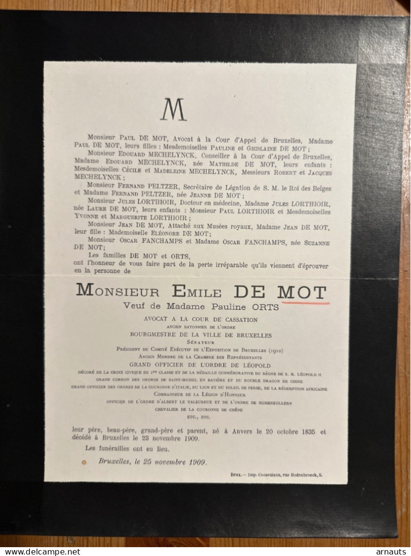 Mr Emile De Mot Veuf Orts Bourgmestre Ville Bruxelles Senateur *1835 Anvers +1909 Bruxelles Mechelynck Peltzer Lorthioir - Todesanzeige