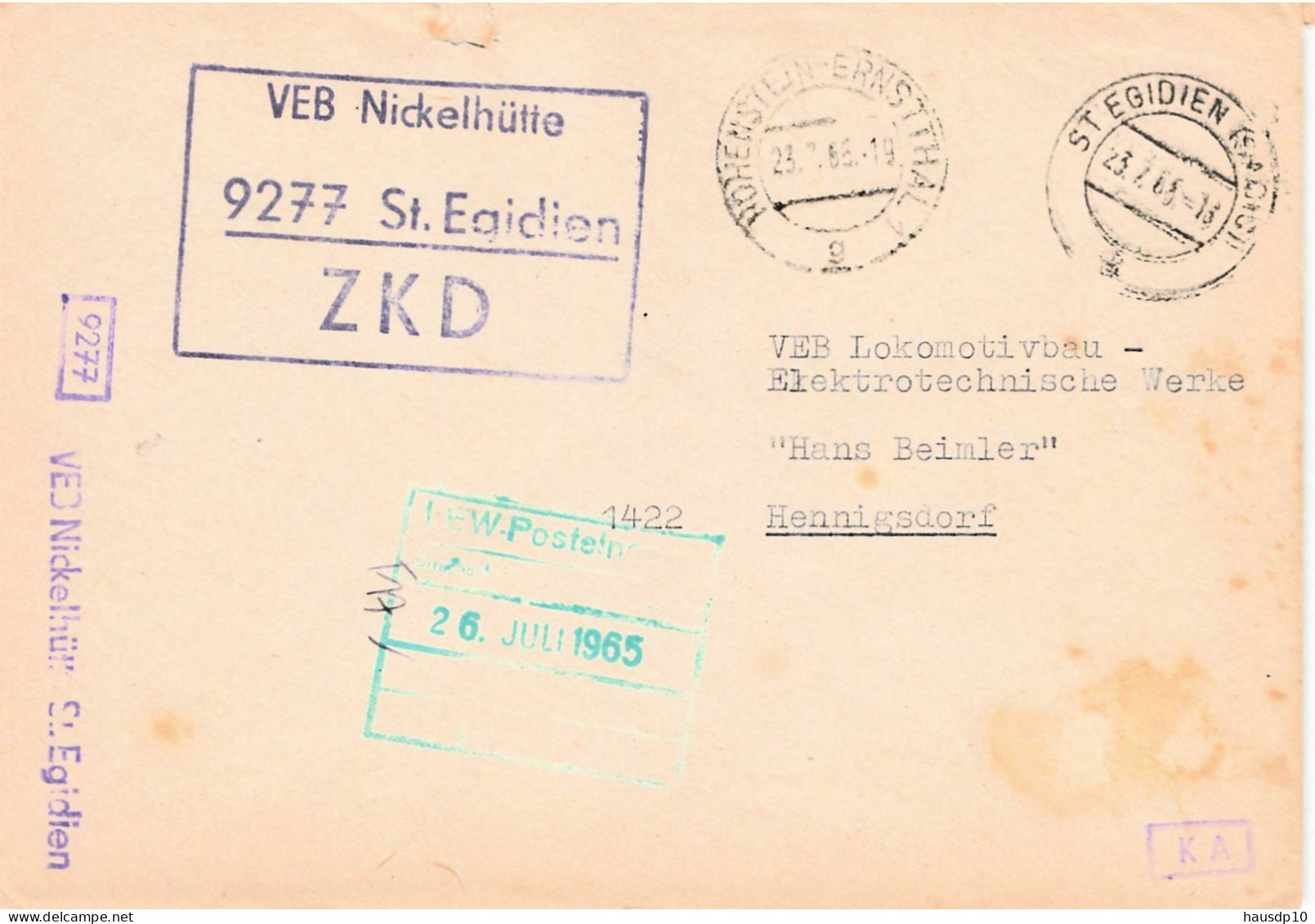 DDR Brief ZKD 1965 VEB Nickelhütte St.Egidien - Zentraler Kurierdienst