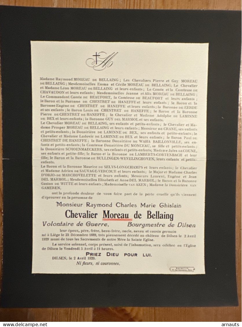 Raymond Chevalier Moreau De Bellaing Bourgmestre Dilsen *1889 Liege +1929 Chateau Dilsen De Chestret De Haneffe De Waha - Décès