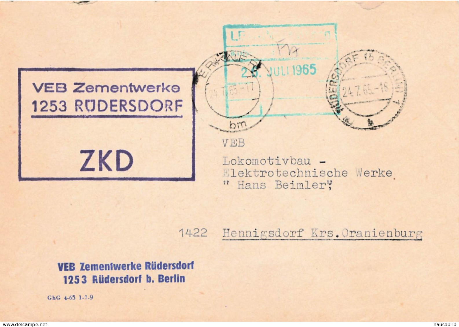 DDR Brief ZKD 1965 VEB Zementwerke Rüdersdorf - Central Mail Service