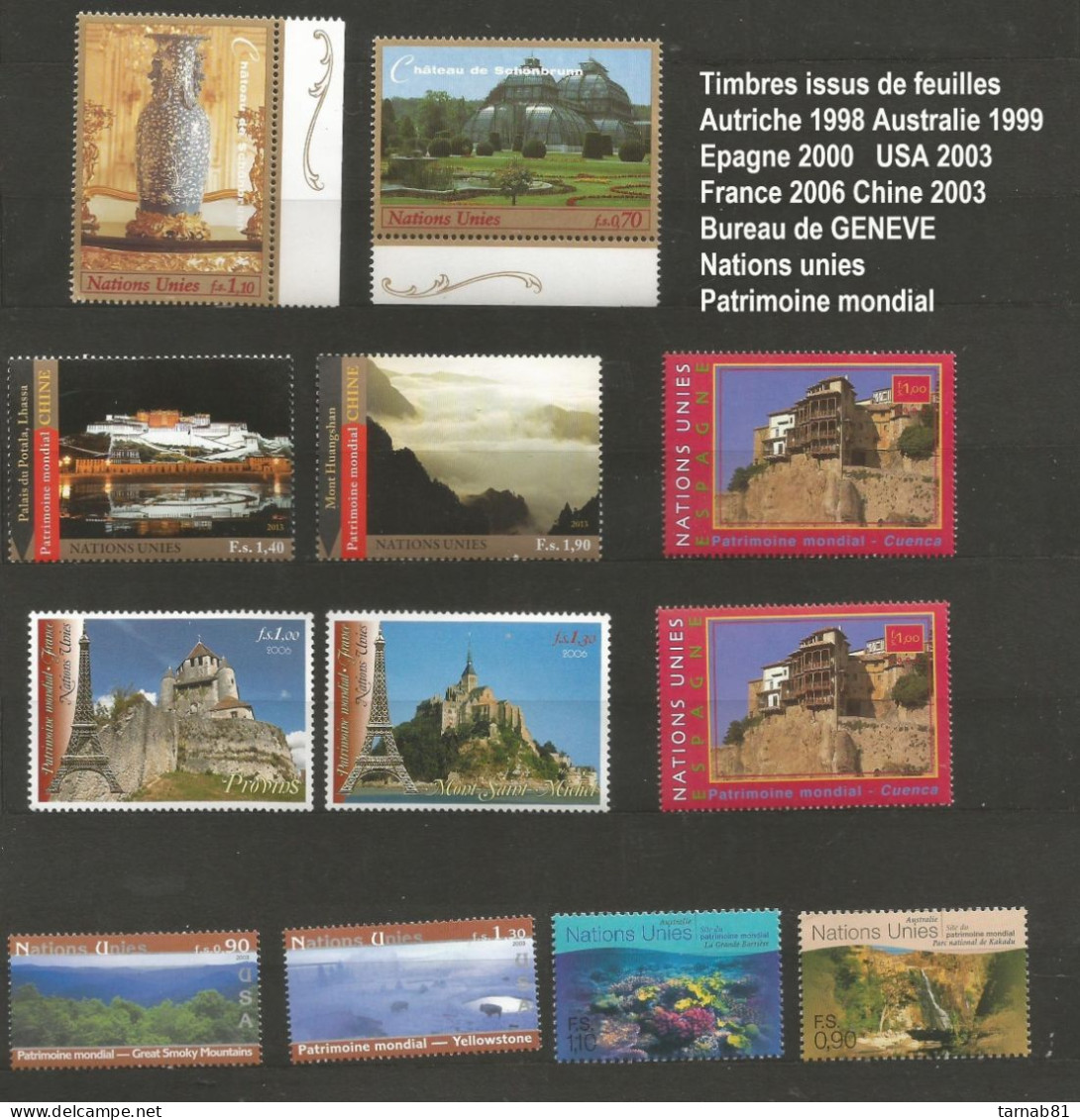 ONU Nations Unies Patrimoine Mondial ** Genève 1998 1999 2000 2003 2006 2013 Timbres Issus De Feuilles - Unused Stamps