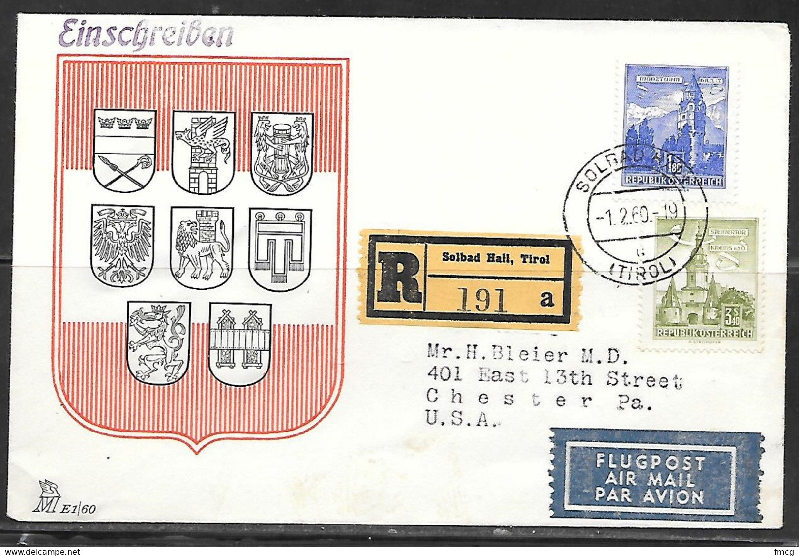 1960  Registered Solbad Hall (1.2.60) To USA - Lettres & Documents