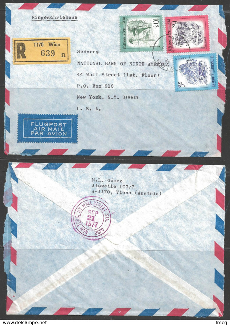 1977 Registered Bank Cover, Wien To NY, Backstamp - Brieven En Documenten