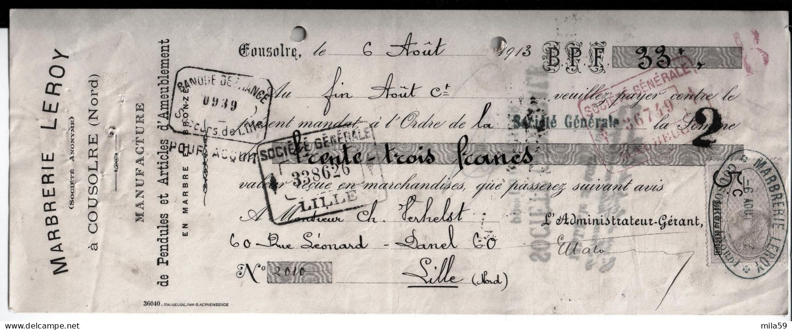 Marbrerie Leroy. Cousolre. Man De Pendules Et Articles D'Ameublement En Marbre Et Bronze. à M. Verhelst à Lille. 1913. - 1900 – 1949