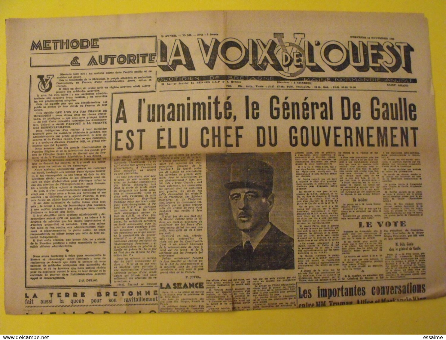 La Voix De L'Ouest, Quotidien De Bretagne Maine Normandie Anjou. N° 200 Du 14 Novembre 1945 De Gaulle - Other & Unclassified