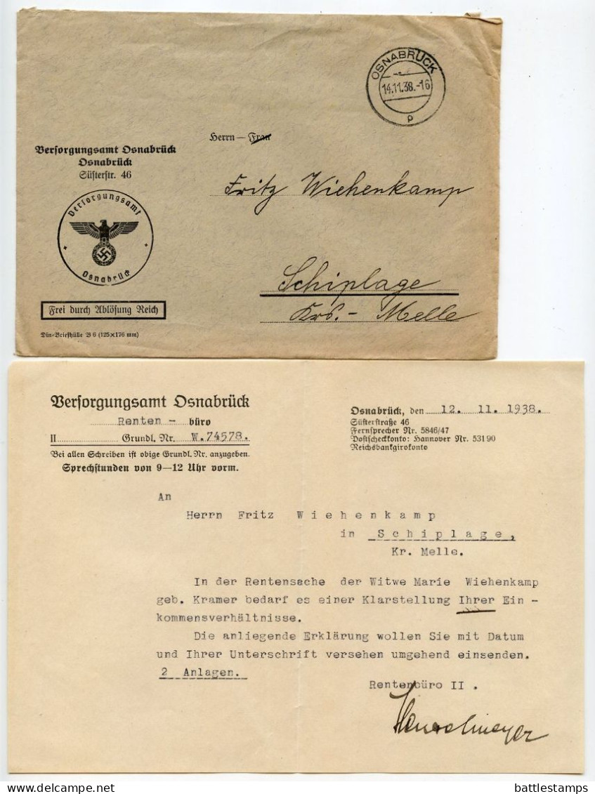 Germany 1938 Official Cover & Document; Osnabrück - Versorgungsamt (Pension Office) To Schiplage - Covers & Documents