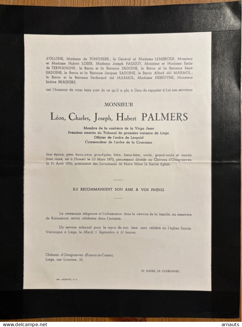 Leon Palmers *1873 Hasselt +1950 Chateau D’Ottegraeven Fouron-Le-Comte Liege Tribunal Première Instance Gourdet Lagasse - Overlijden