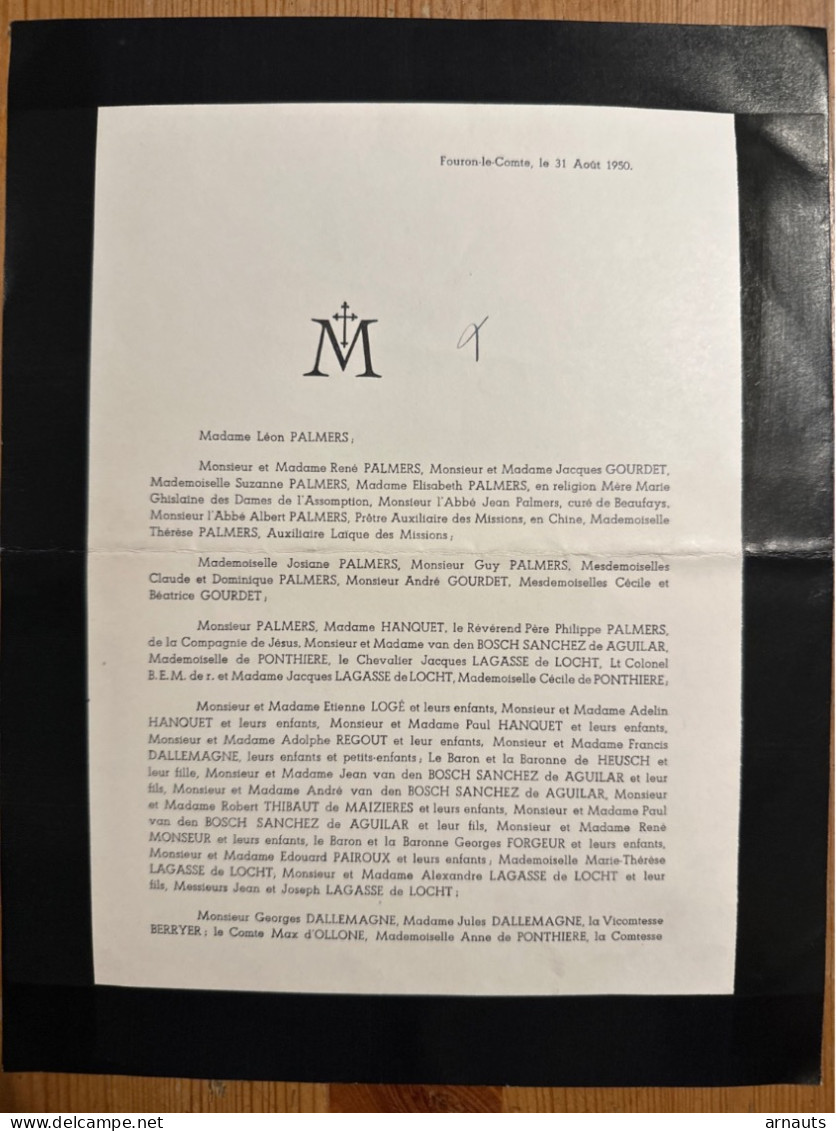 Leon Palmers *1873 Hasselt +1950 Chateau D’Ottegraeven Fouron-Le-Comte Liege Tribunal Première Instance Gourdet Lagasse - Todesanzeige