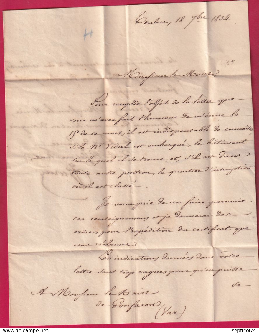 FRANCHISE LE PREFET MARITIME DU 5EME ARRONDISSEMENT TOULON VAR 1834 POUR GONFARON LETTRE - 1801-1848: Voorlopers XIX