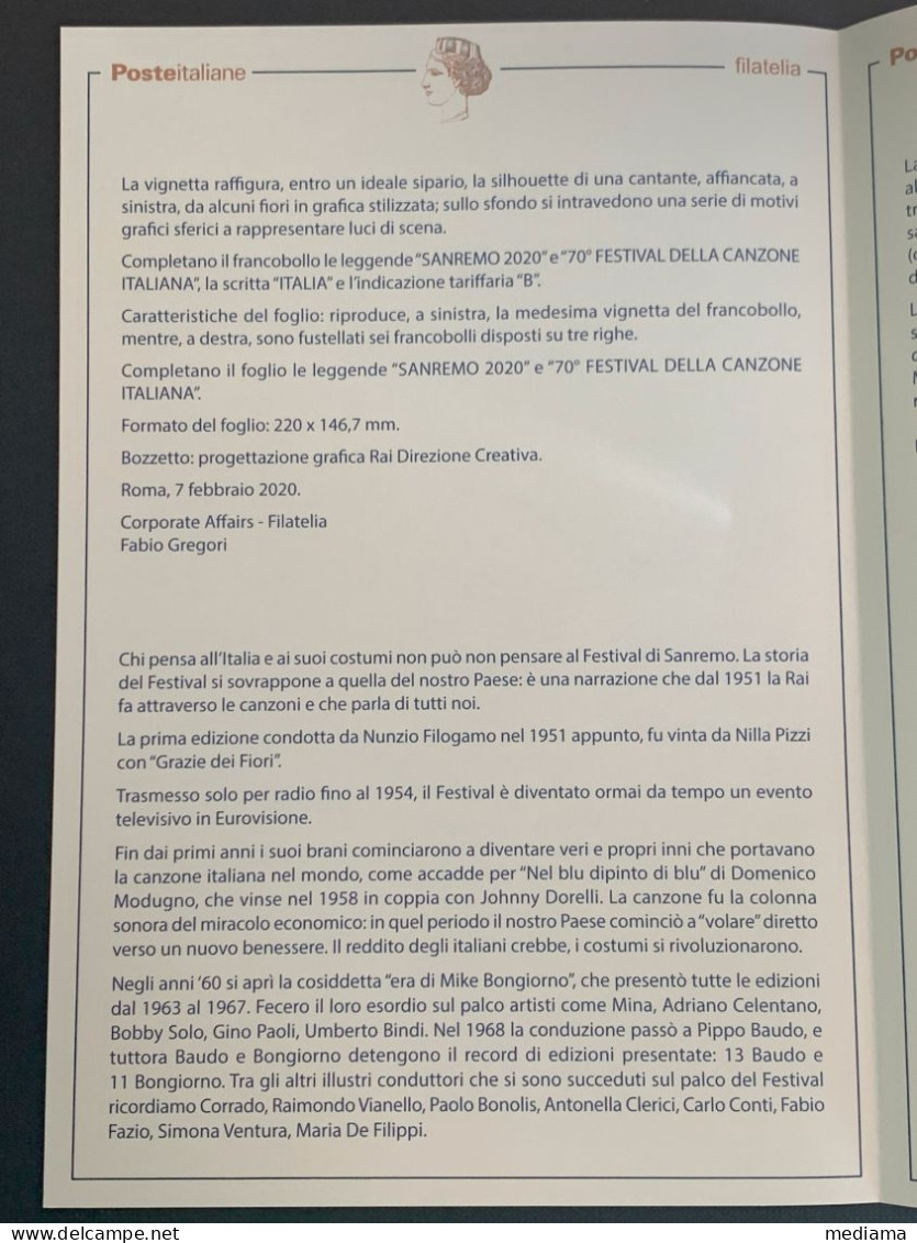 BOLLETTINO ILLUSTRATIVO EMISSIONE FRANCOBOLLO 70° FESTIVAL SANREMO ANNO 2020 - Posta Espressa/pneumatica