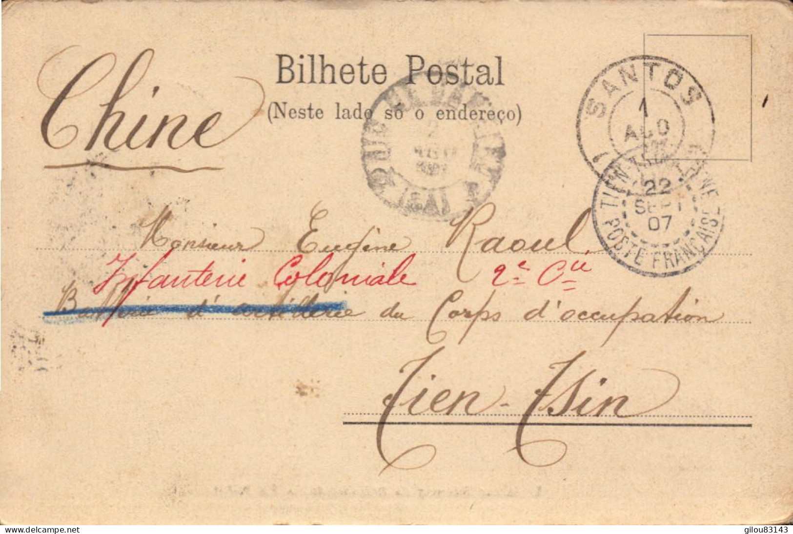 Lettre, Carte Du Bresil, Santos Pour La Chine, Tien-tsin Poste Française, Corps D Occupation, 1907 - Covers & Documents