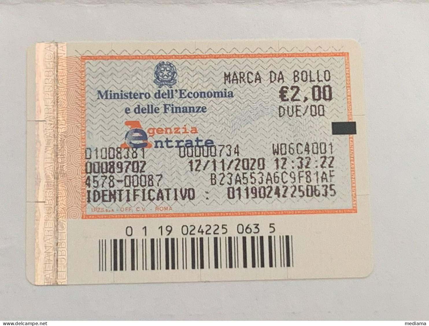 MARCA DA BOLLO EURO 2,00 DEL 12/11/2020 SU FRAMMENTO - Revenue Stamps