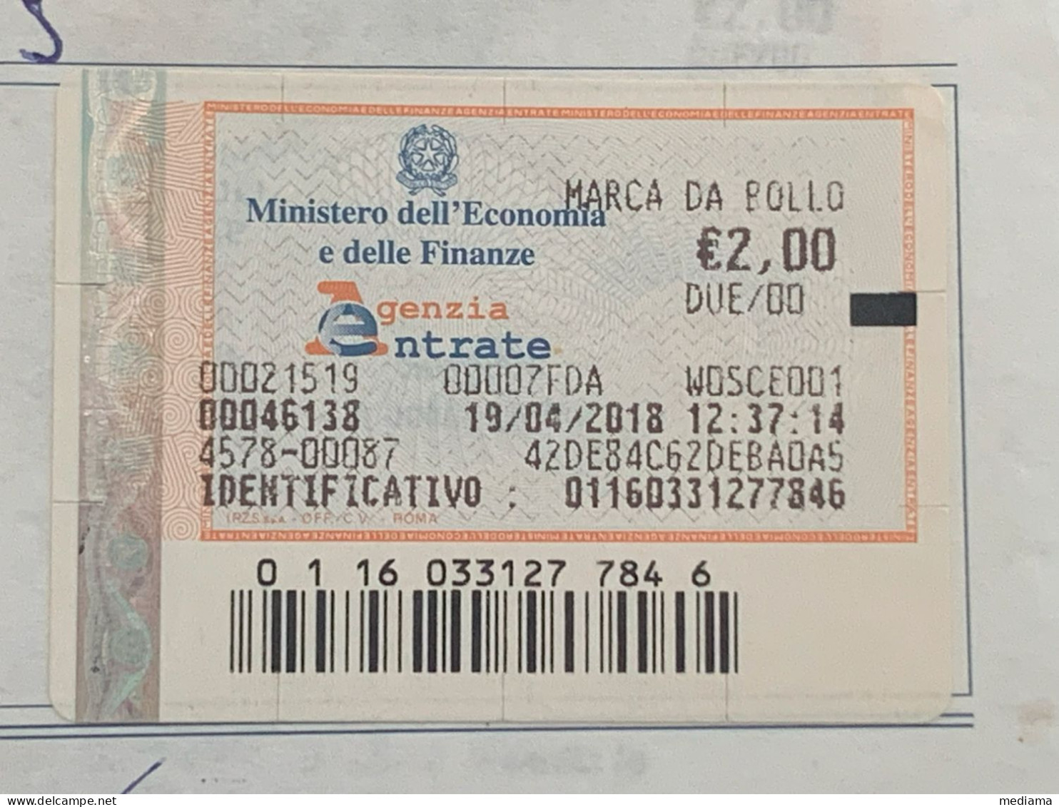 MARCA DA BOLLO EURO 2,00 DEL 19/04/2018 SU FRAMMENTO - Revenue Stamps