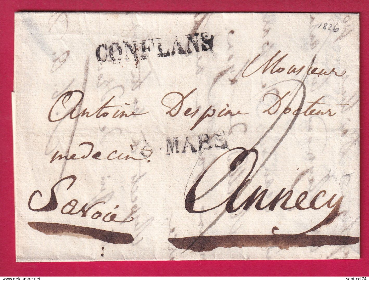 MARQUE SARDE CONFLANS SAVOIE 1826 POUR ANNECY HAUTE SAVOIE LETTRE - 1801-1848: Vorläufer XIX