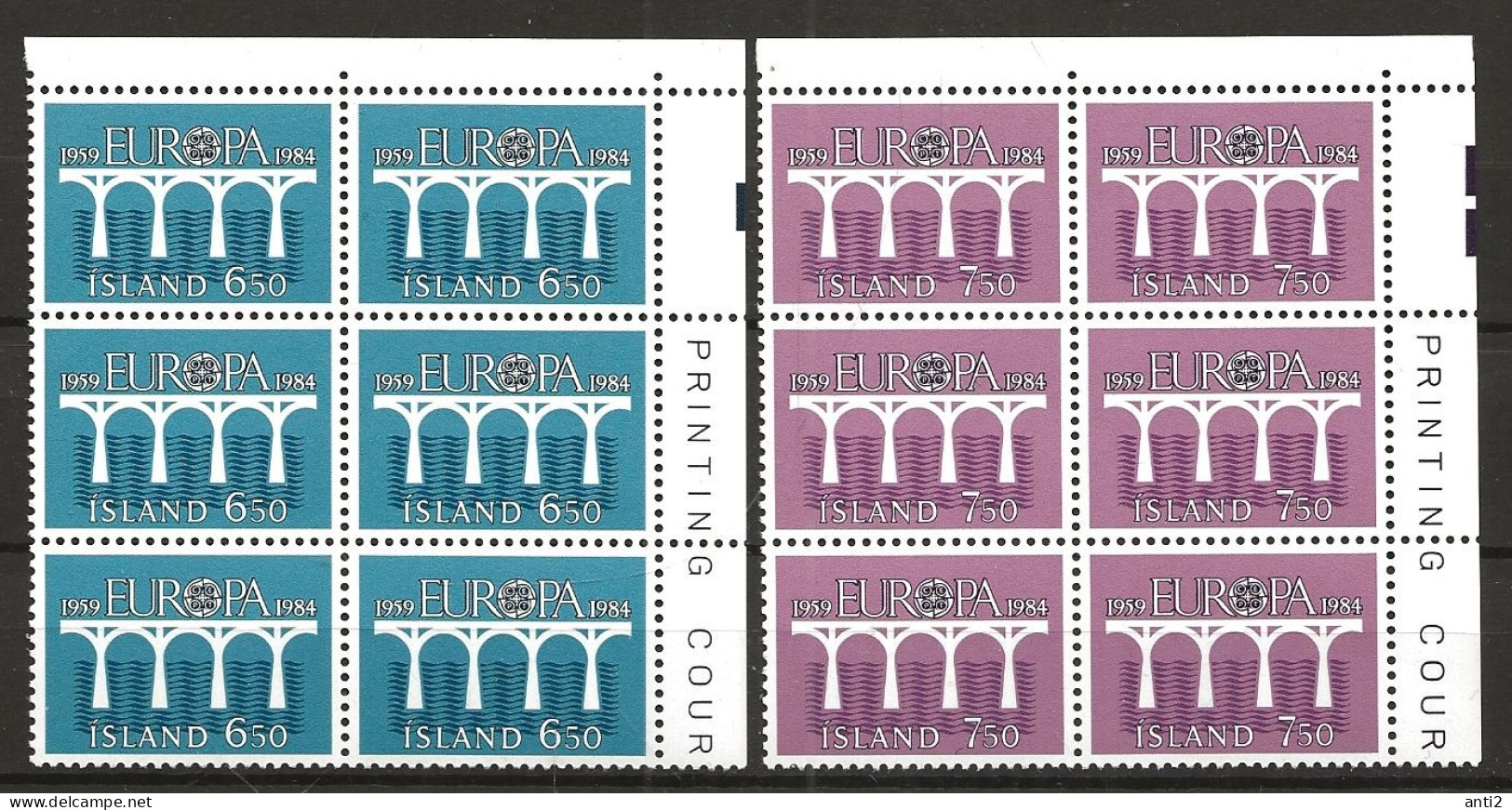 Iceland Island 1984  25th Anniversary Of The European Conference Of Postal And Telec Mi 614-615 In Blocs Of Six  MNH(**) - Ungebraucht