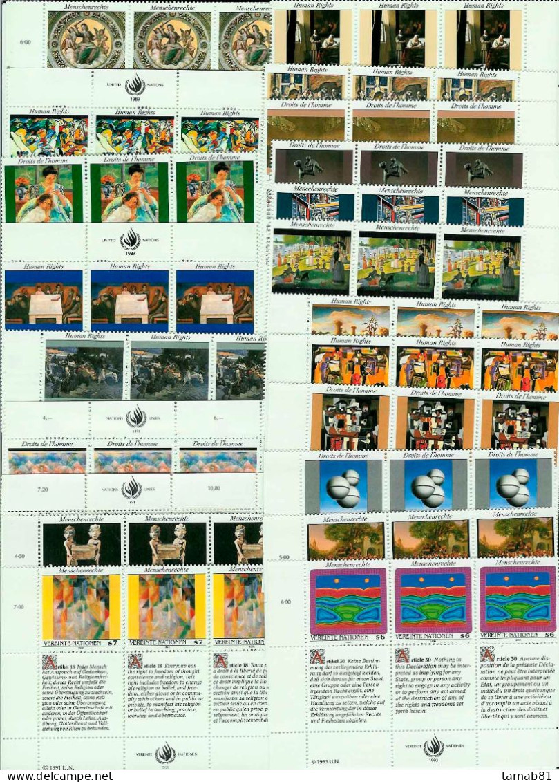 ONU Nations Unies ** Lot NY  Vienne Genève Droits De L'Homme COMPLET 1989 1990 1991 1992 1993 - Neufs