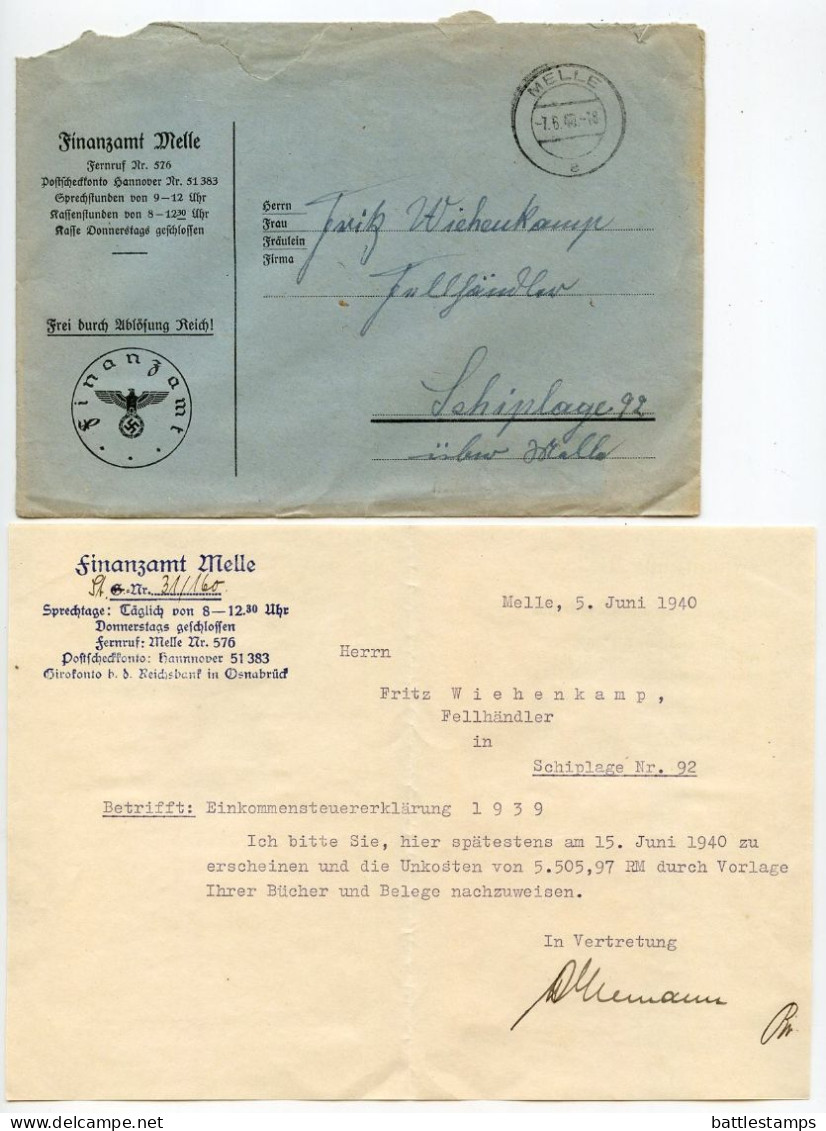 Germany 1940 Official Cover & Document; Melle - Finanzamt (Tax Office) To Schiplage; Einkommensteuererklärung - Covers & Documents