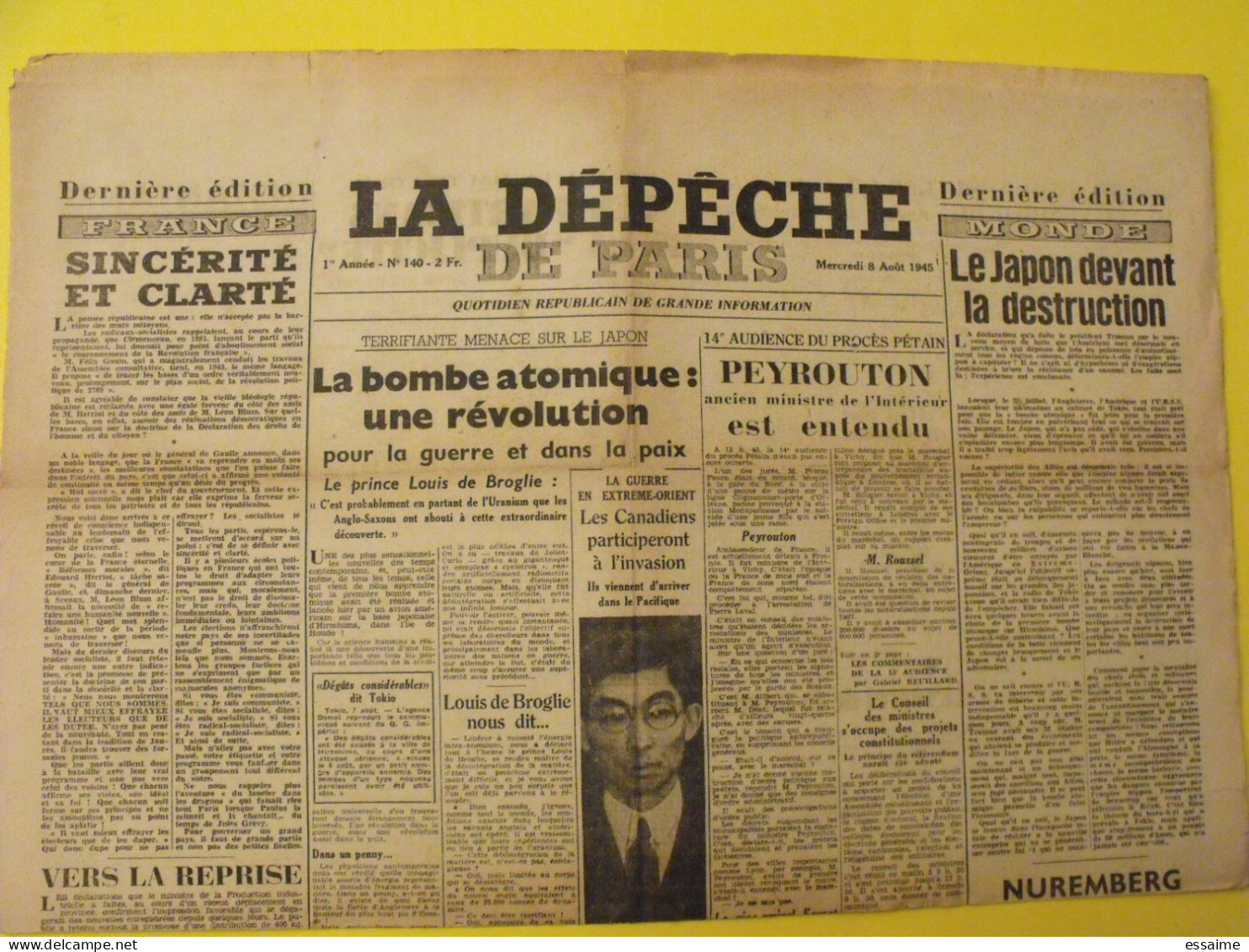 La Dépêche De Paris Du 8 Août 1945. Japon Bombe Atomique Hiroshima Nuremberg Crimes Nazis Egypte - Guerra 1939-45