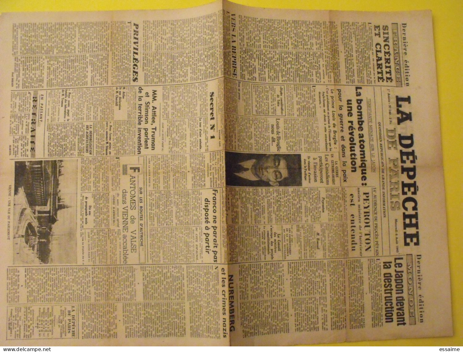 La Dépêche De Paris Du 8 Août 1945. Japon Bombe Atomique Hiroshima Nuremberg Crimes Nazis Egypte - Guerre 1939-45